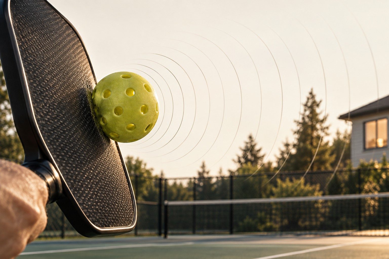 A pickleball paddle striking a ball, with sound waves spreading toward a house.